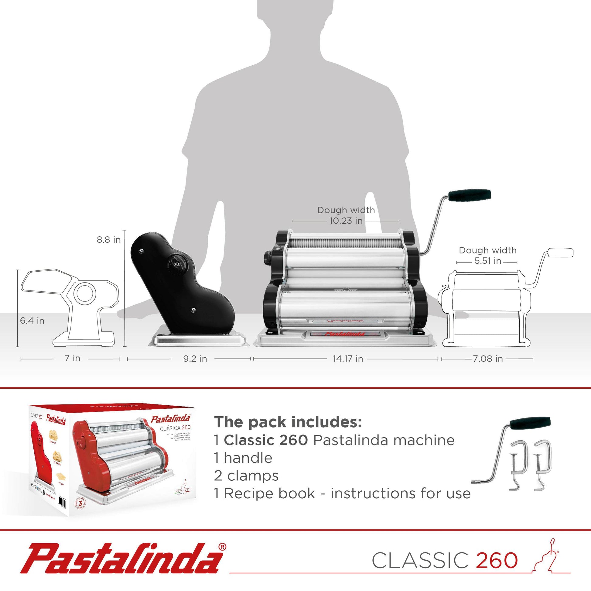Pastalinda Classic 260 Black Pasta Maker Machine With Hand Crank And Two Clamps - Pastalinda