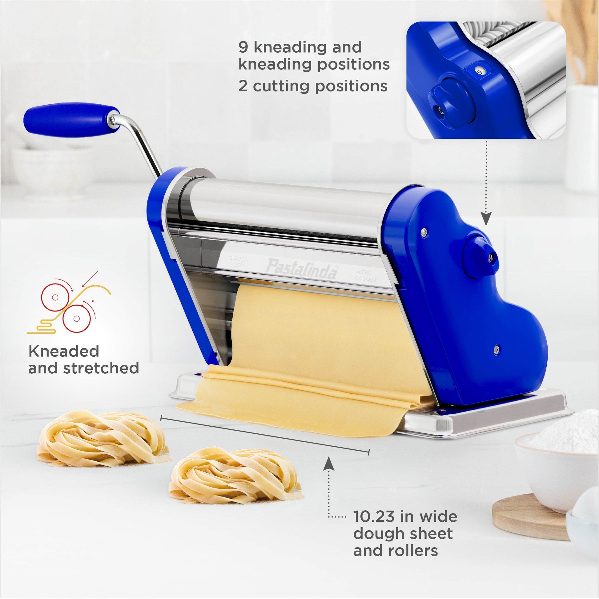 Pastalinda Classic 260 Blue Pasta Maker Machine With Hand Crank And Two Clamps - Pastalinda