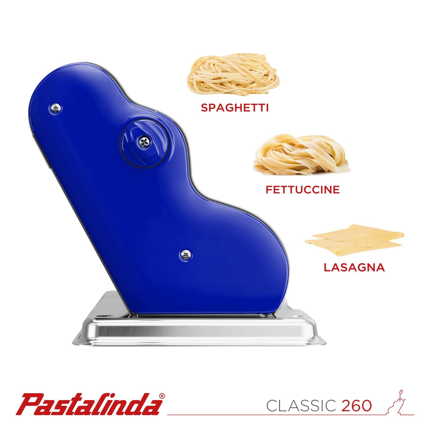 Pastalinda Classic 260 Blue Pasta Maker Machine With Hand Crank And Two Clamps - Pastalinda