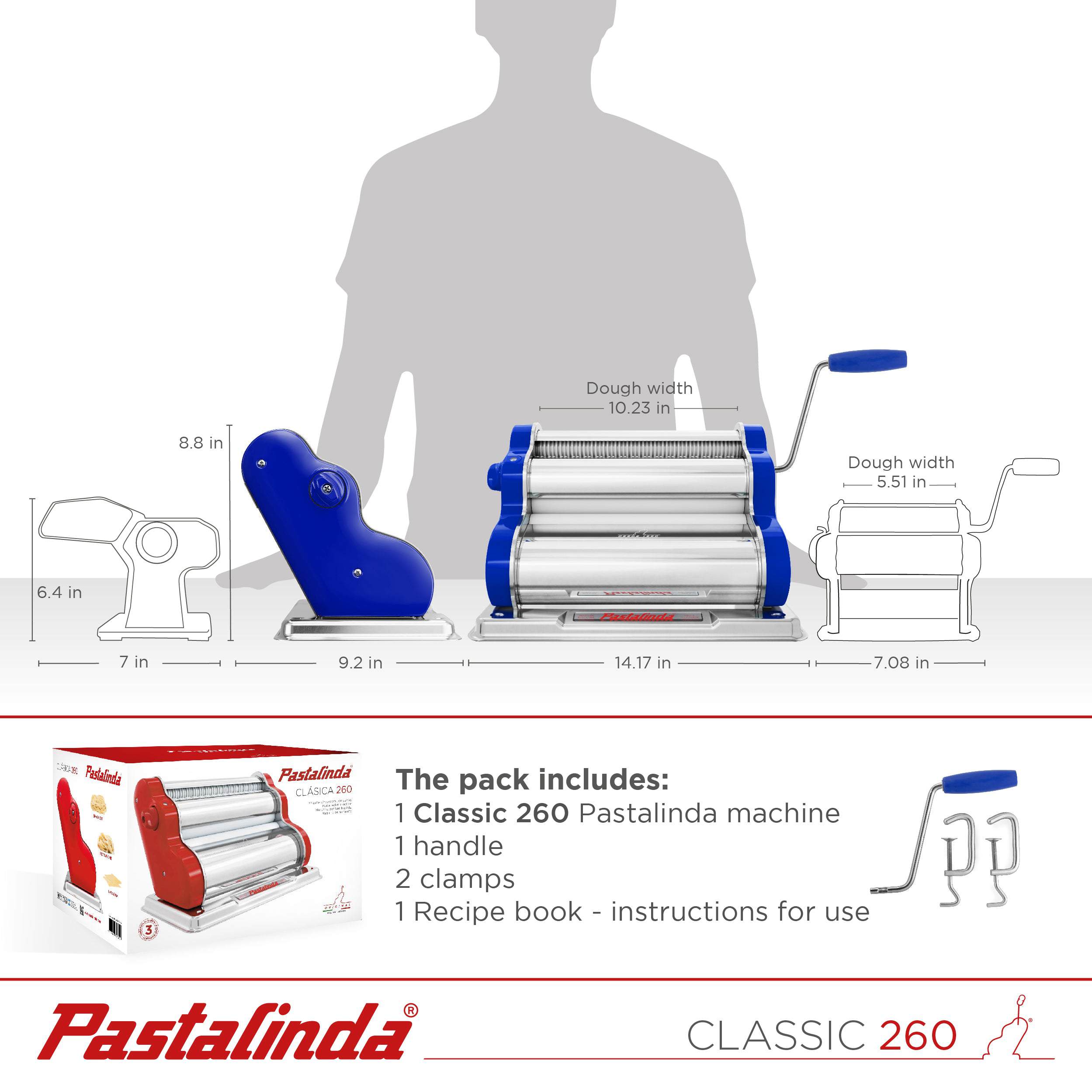 Pastalinda Classic 260 Blue Pasta Maker Machine With Hand Crank And Two Clamps - Pastalinda