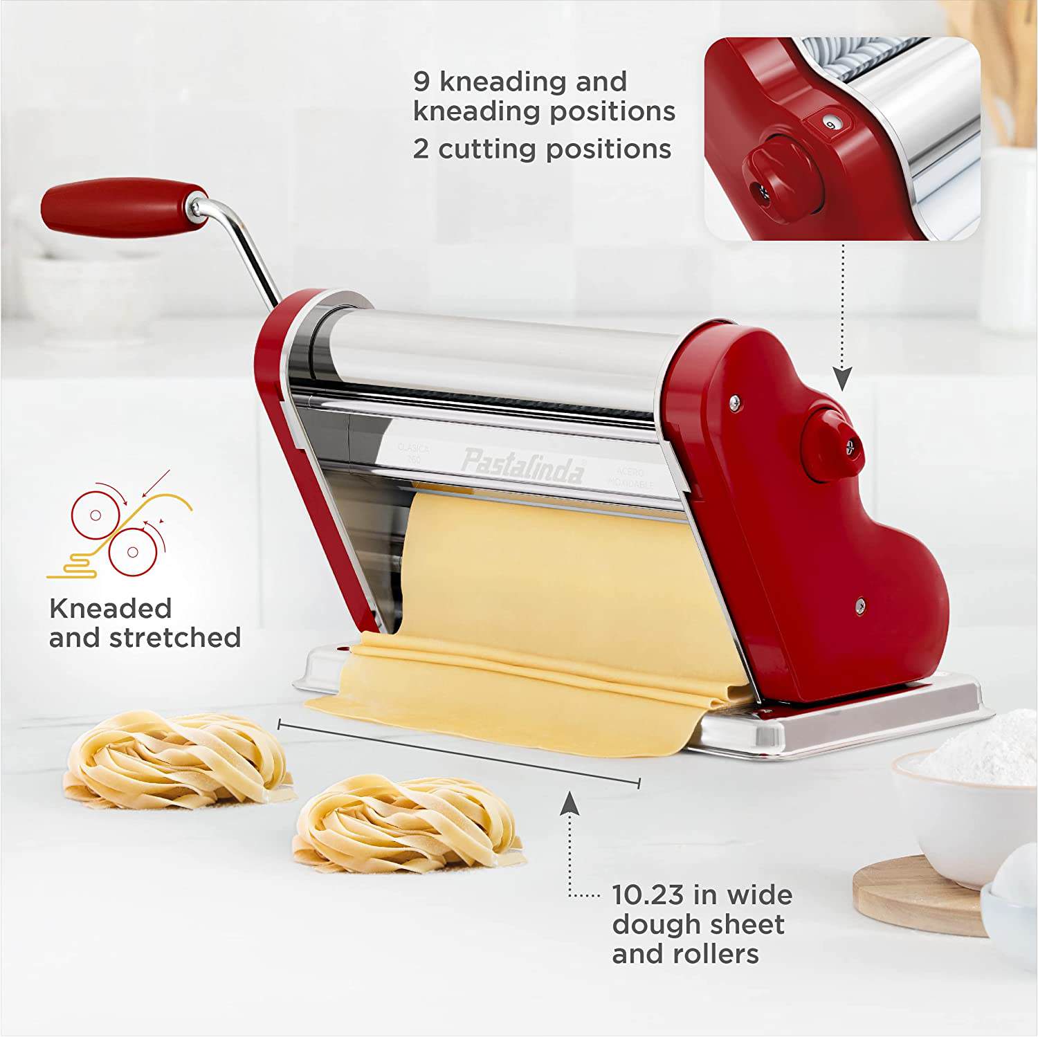 Pastalinda Classic 260 Bordeaux Pasta Maker Machine With Hand Crank And Two Clamps - Pastalinda