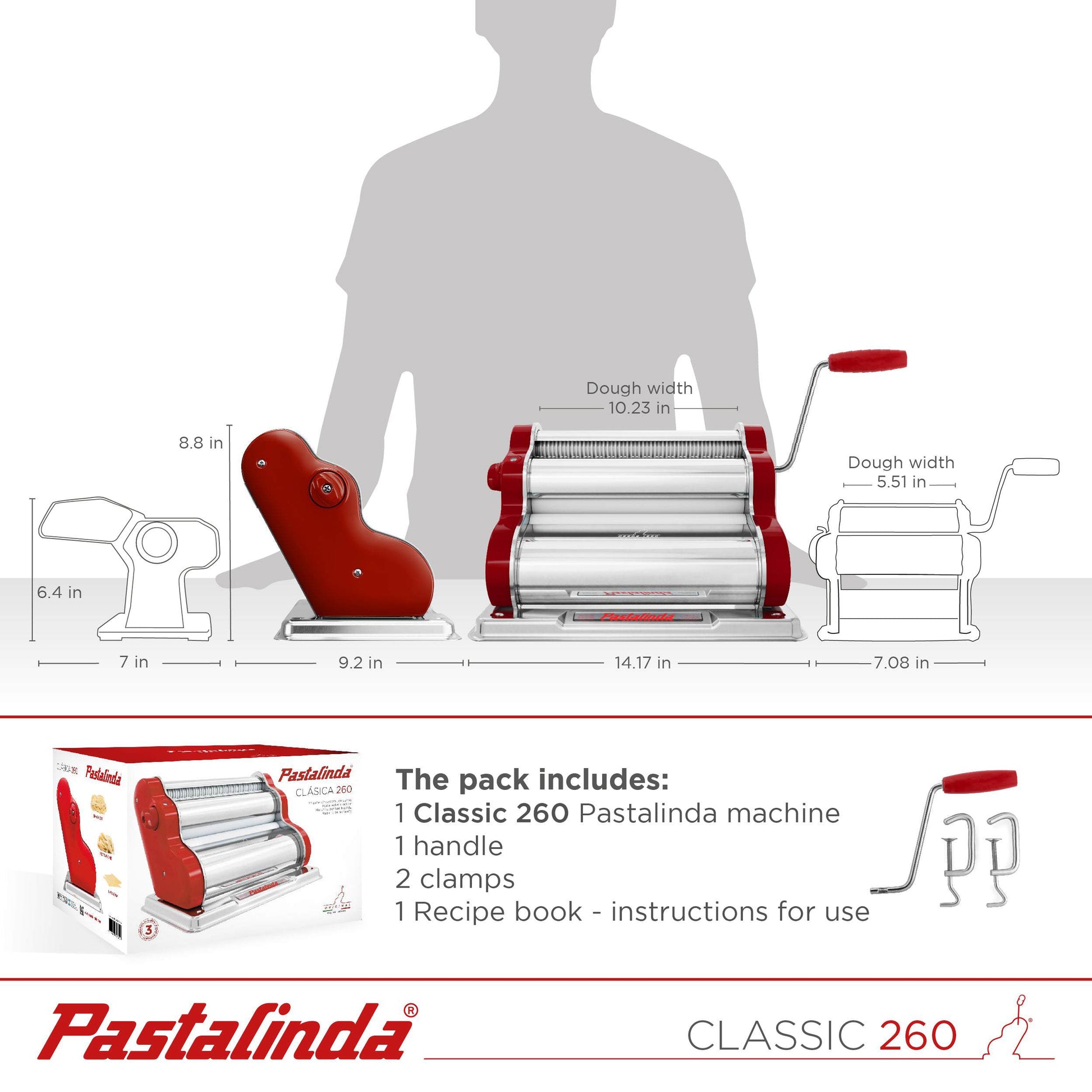 Pastalinda Classic 260 Bordeaux Pasta Maker Machine With Hand Crank And Two Clamps - Pastalinda