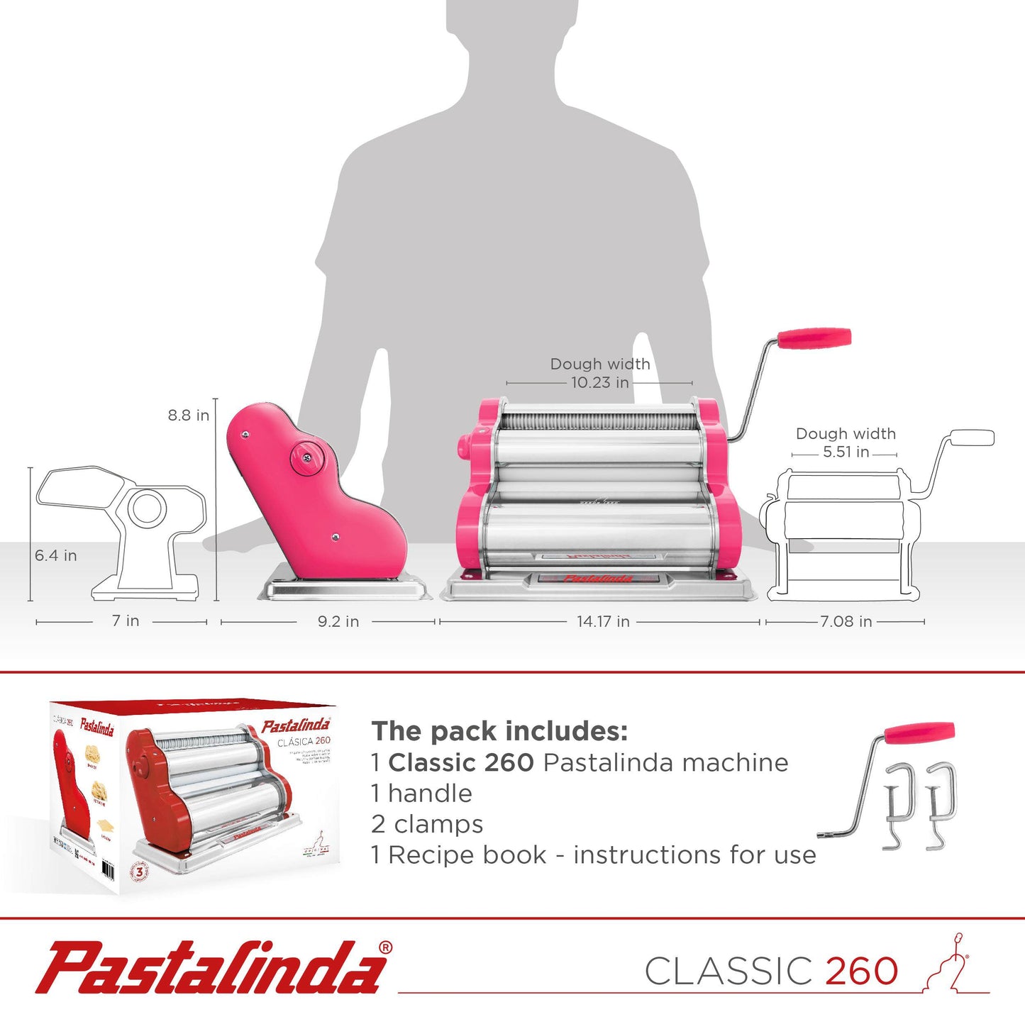 Pastalinda Classic 260 Fuchsia Pasta Maker Machine With Hand Crank And Two Clamps - Pastalinda