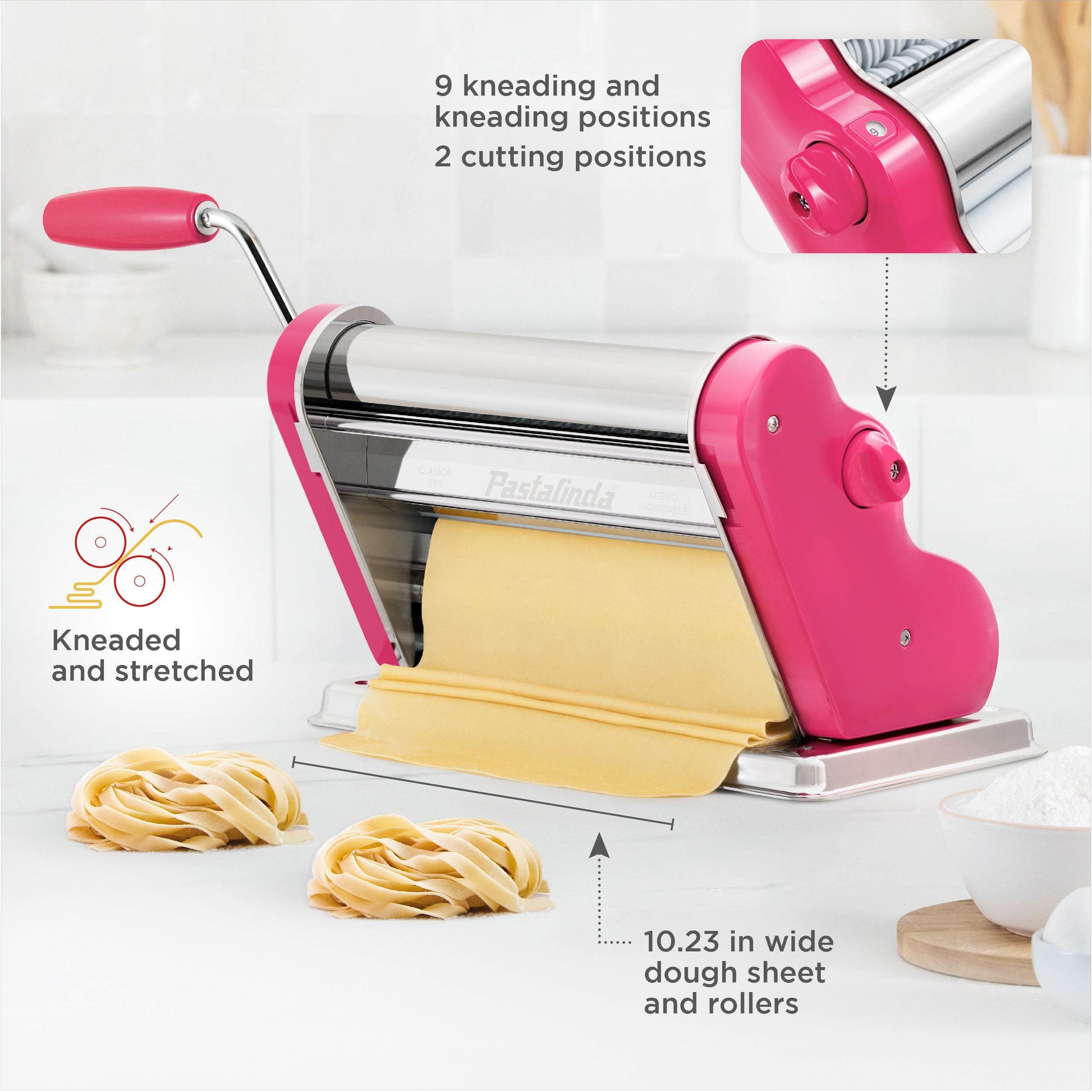 Pastalinda Classic 260 Fuchsia Pasta Maker Machine With Hand Crank And Two Clamps - Pastalinda