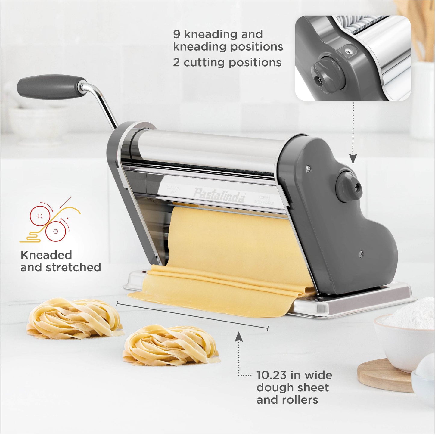 Pastalinda Classic 260 Gray Pasta Maker Machine With Hand Crank And Two Clamps - Pastalinda