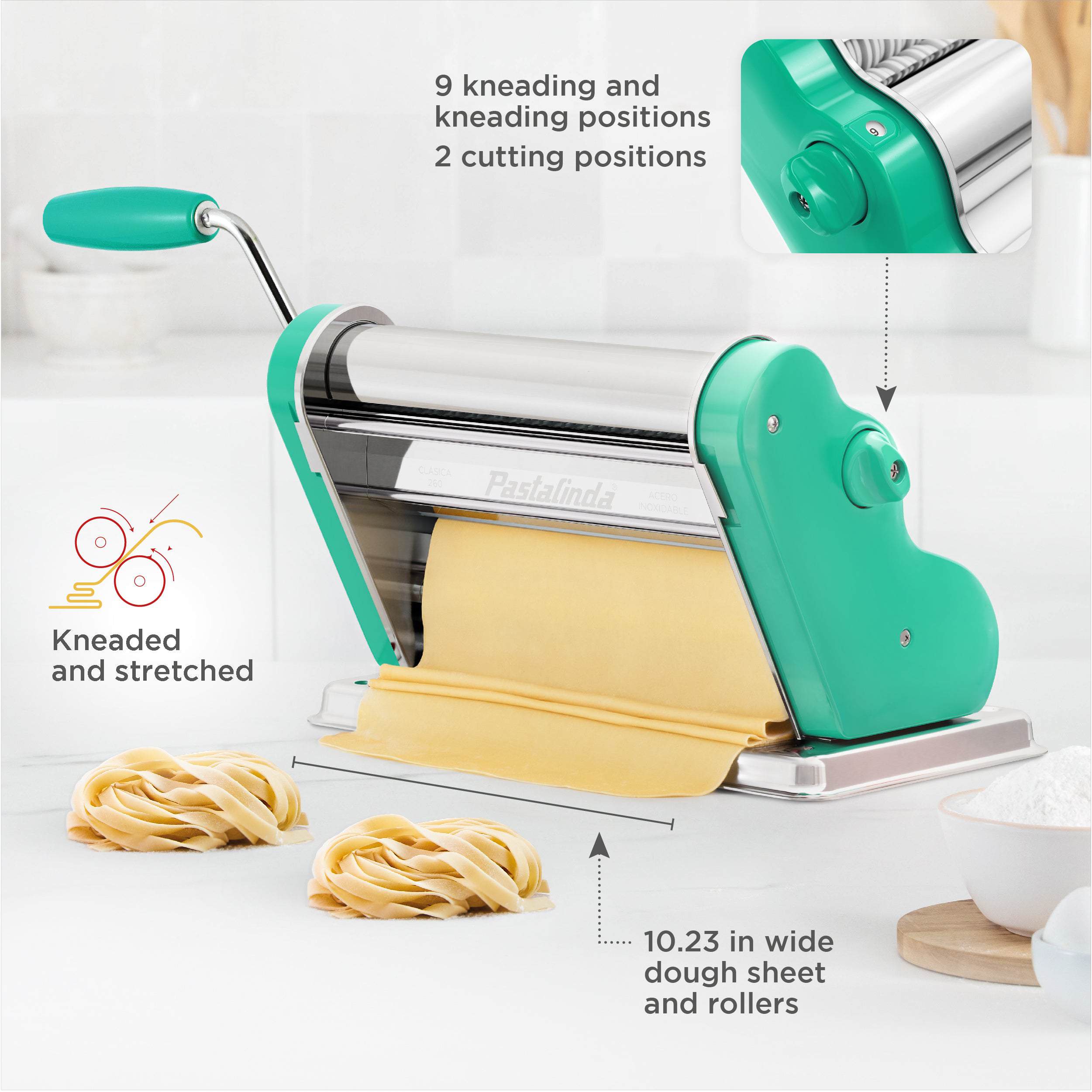 Pastalinda Classic 260 Green Pasta Maker Machine With Hand Crank And Two Clamps - Pastalinda