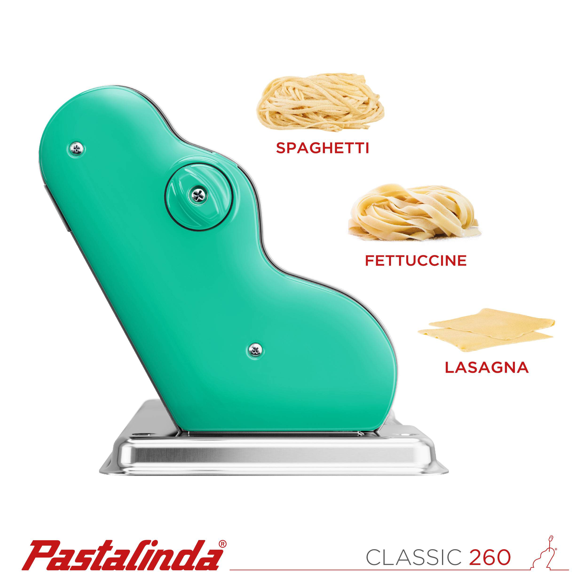 Pastalinda Classic 260 Green Pasta Maker Machine With Hand Crank And Two Clamps - Pastalinda