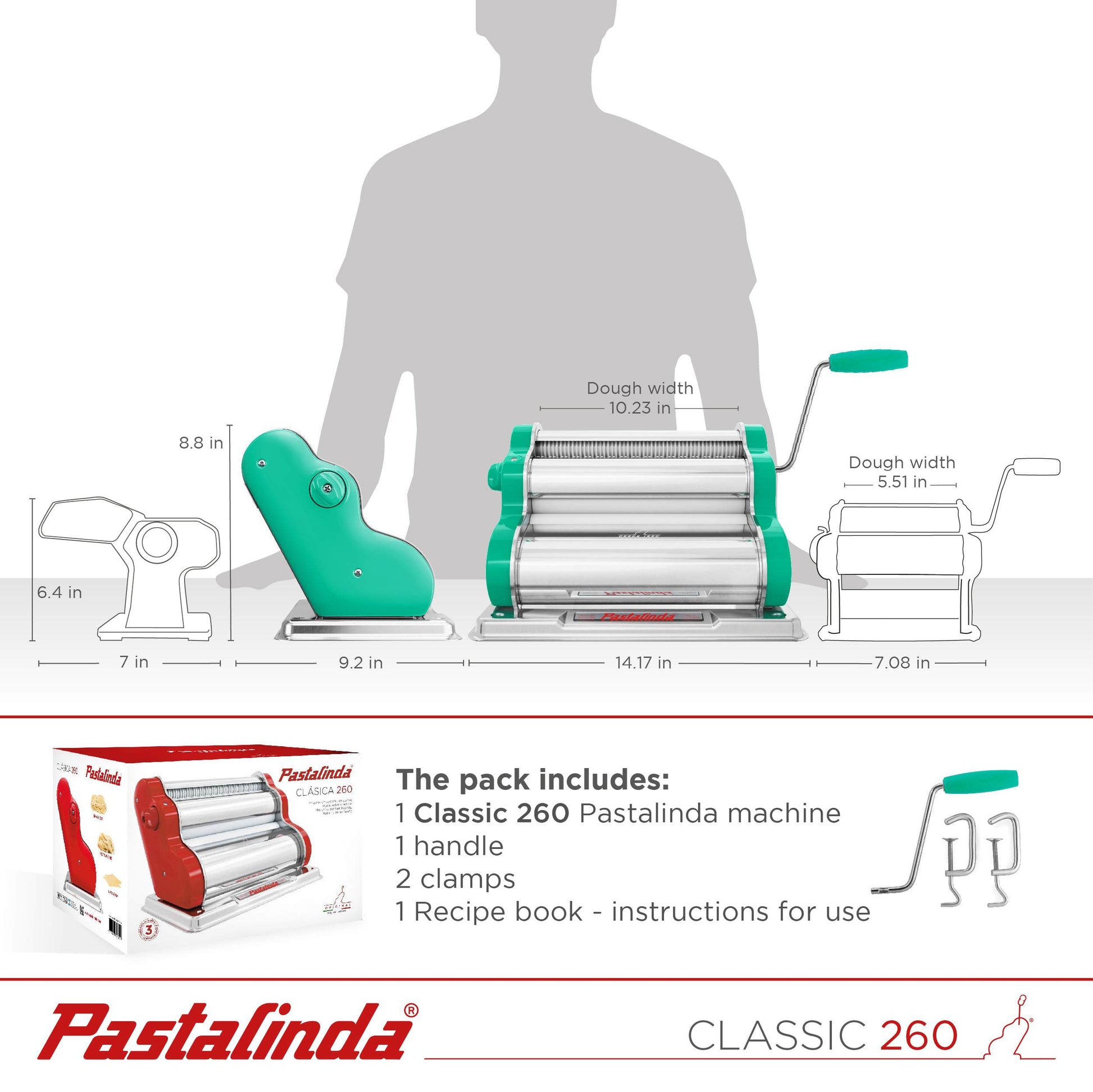 Pastalinda Classic 260 Green Pasta Maker Machine With Hand Crank And Two Clamps - Pastalinda