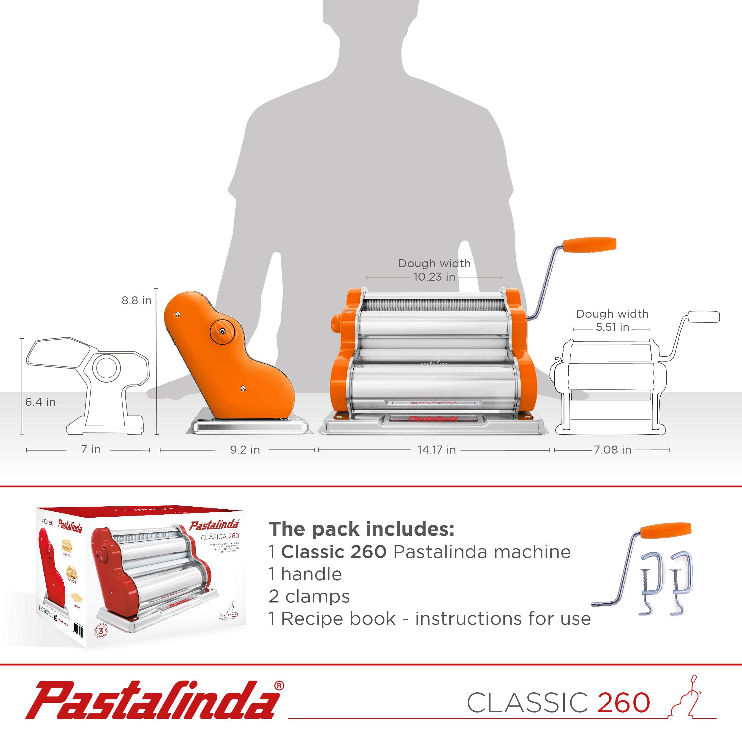 Pastalinda Classic 260 Orange Pasta Maker Machine With Hand Crank And Two Clamps - Pastalinda