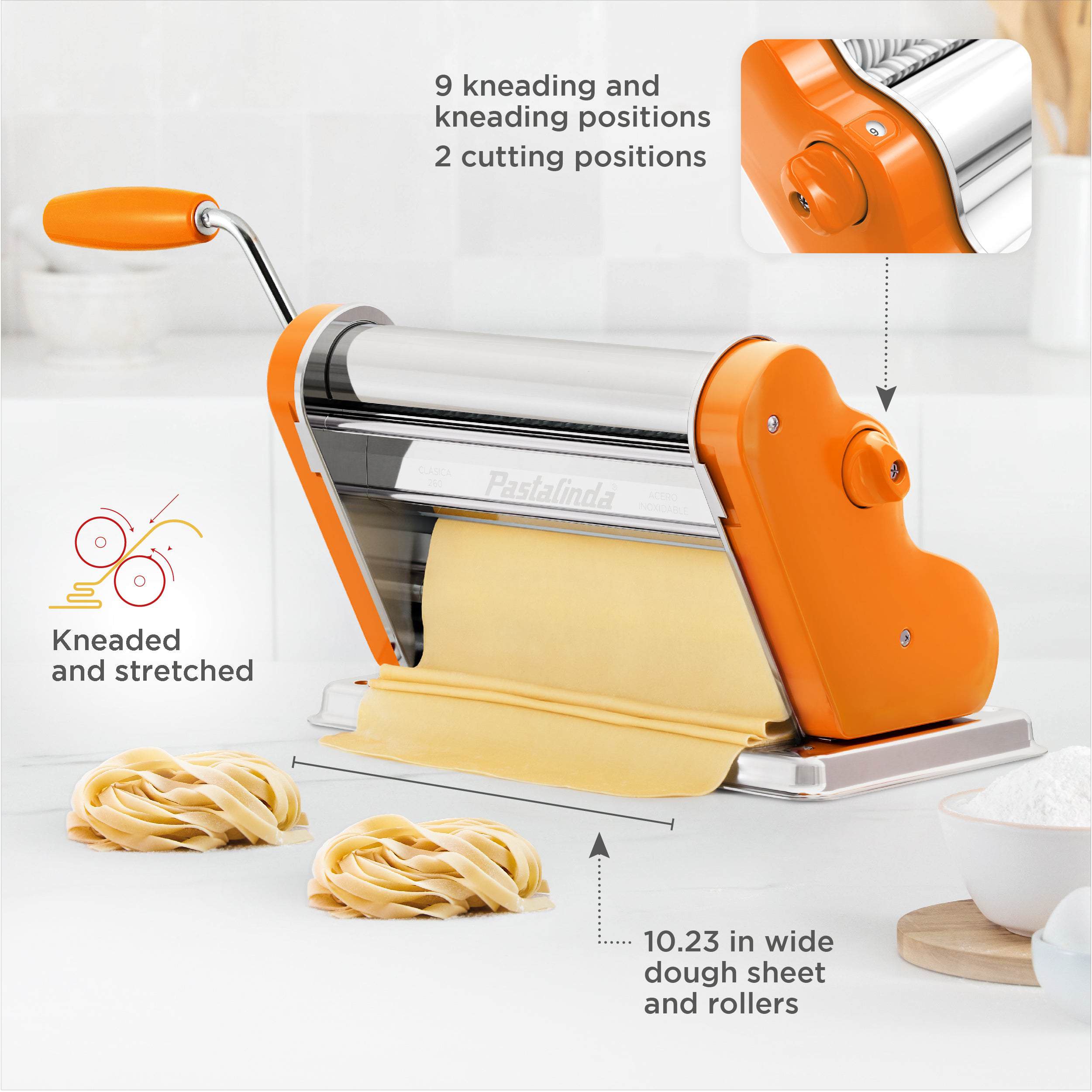 Pastalinda Classic 260 Orange Pasta Maker Machine With Hand Crank And Two Clamps - Pastalinda