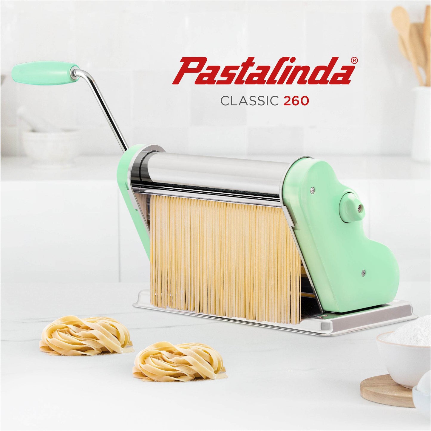 Pastalinda Classic 260 Pastel Green Pasta Maker Machine With Hand Crank And Two Clamps - Pastalinda