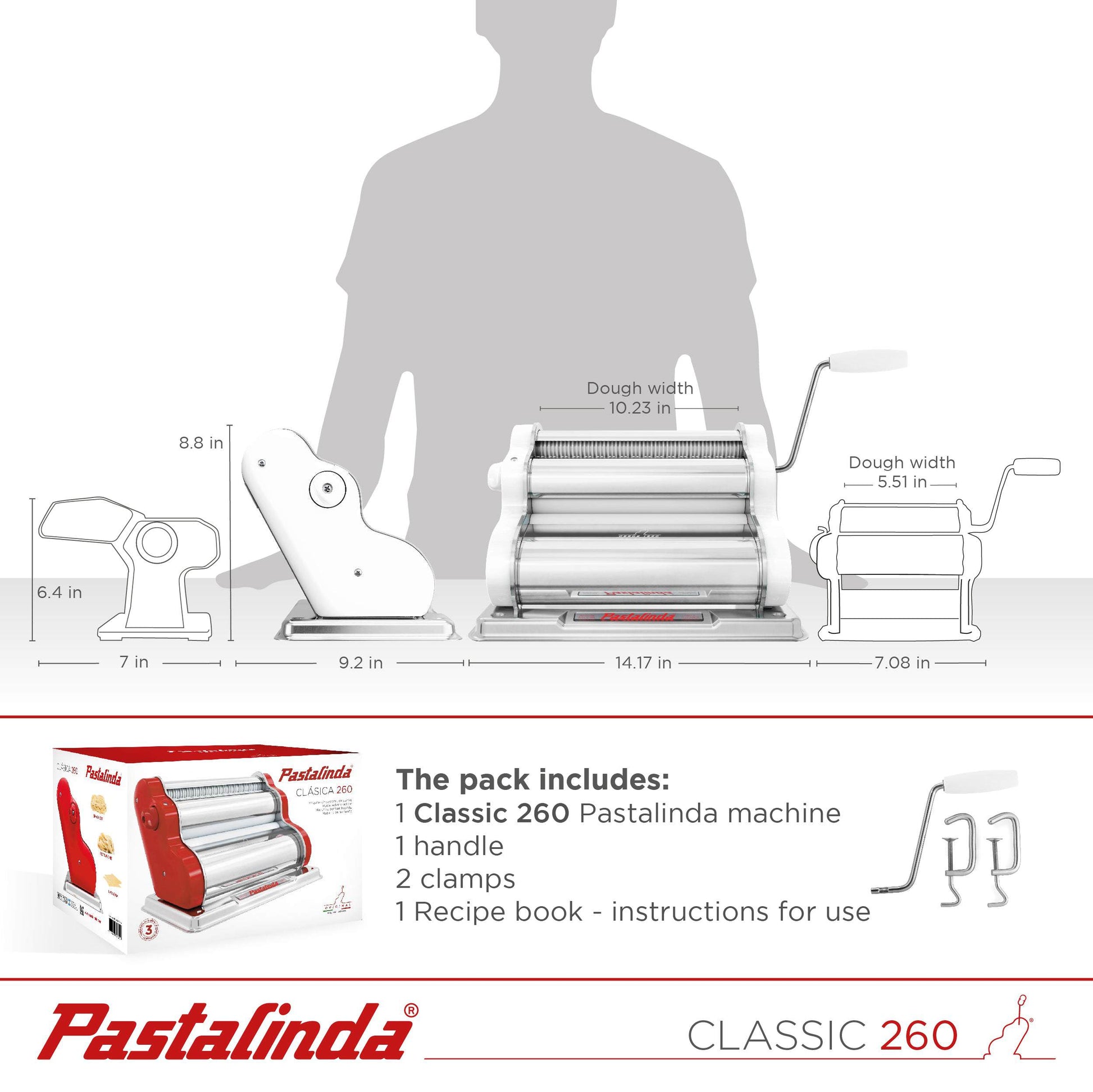 Pastalinda Classic 260 White Pasta Maker Machine With Hand Crank And Two Clamps - Pastalinda
